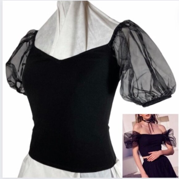 NWOT EXPRESS Feminine Black Off Shoulder Sheer Puff Sleeve Blouse XS Stretch Top - Picture 1 of 16